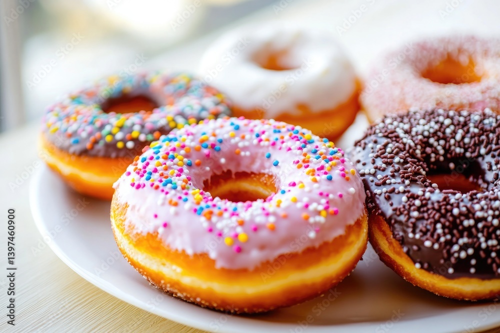 Colorful donuts arranged on plate showcase delightful toppings a Colorful donuts arranged on plate showcase delightful toppings a