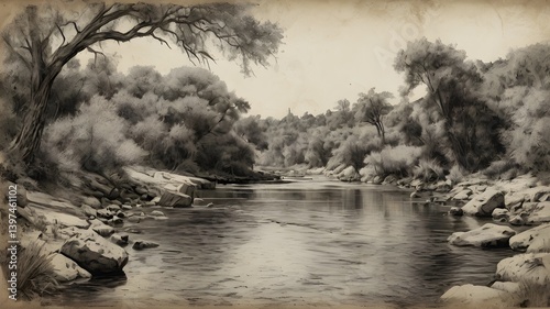 Antique charcoal drawing of a peaceful forest riverbend under a cloudy sky, with tall pine trees leaning over the water,Generative Ai
 photo