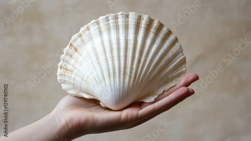 A hand holding a large white scallop shell with vertical ridges against a neutral background