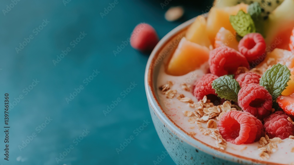 Vibrant Ceramic Bowl Filled with Yogurt with Fresh Fruits Granola and Mint Leaves on Blue Table High Angle Shot Overhead Close Up