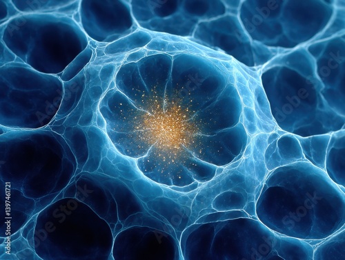 Digital microscopic visualization of glowing organic cells with network-like structure and vibrant electric blue energy aura representing cellular biology microstructure and life essence in