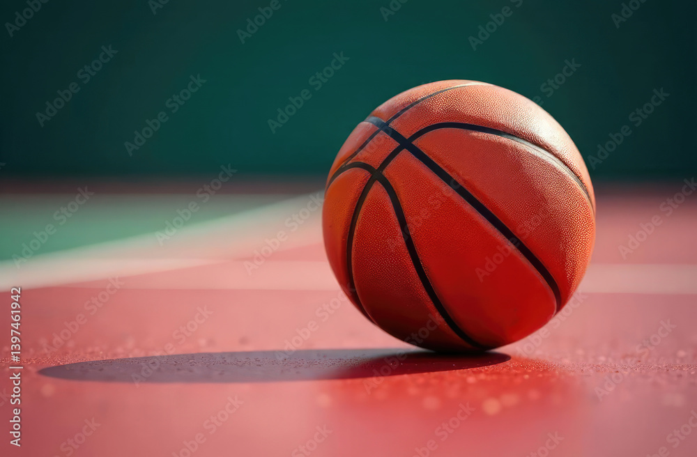 Obraz premium Basketball ball on the ground. Close-up ball on the red court. Basketball on the street or indoor court. Sports gear without people. Minimalism. Template, sport background
