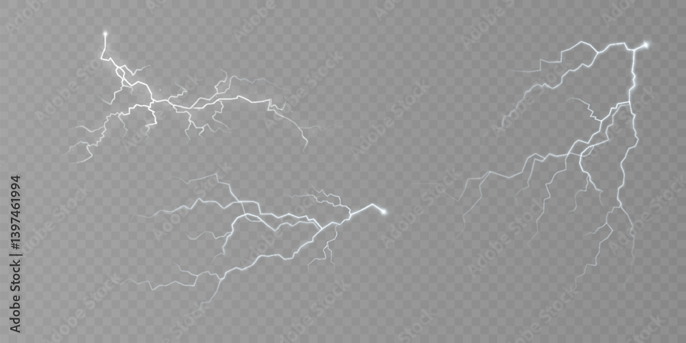 Realistic electrical lightning on transparent background. Vivid plasma arcs and glowing storm energy for thunder effects, sci-fi visuals or dramatic atmospheric scenes.