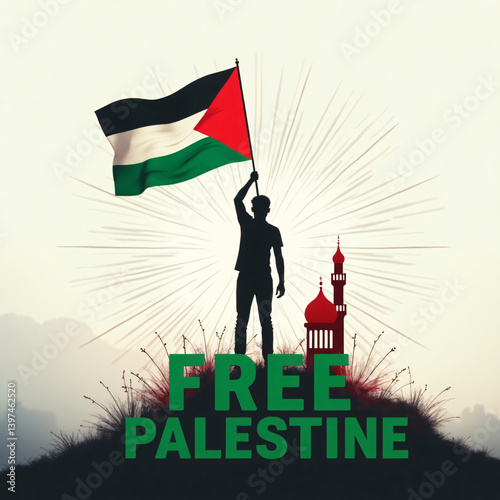Silhouette of a person holding Palestinian flag with Free Palestine slogan