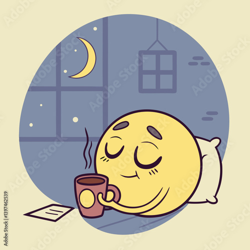 Drowsy emoji holding a warm cup of cocoa with closed eyes