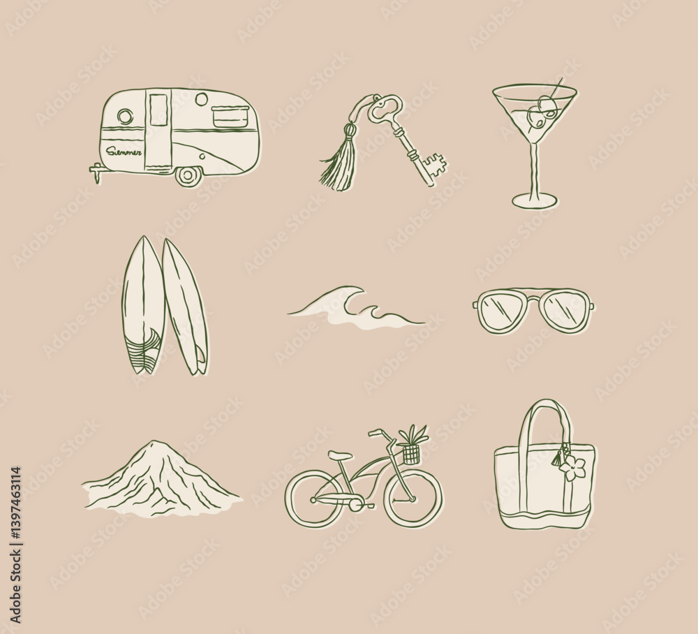 Summer travel icons collection car trailer key glass surfboard waves sunglasses mountain bicycle beach bag drawing in graphic style on brown background
