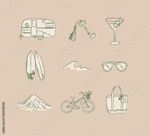 Obraz na płótnie Summer travel icons collection car trailer key glass surfboard waves sunglasses mountain bicycle beach bag drawing in graphic style on brown background w salonie