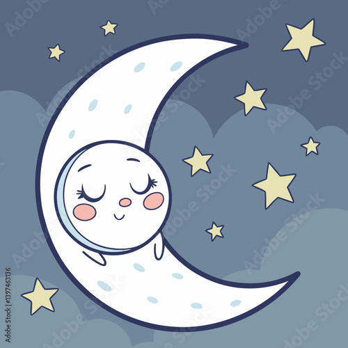 Cute sleepy emoji curled up on a crescent moon with soft stars around
