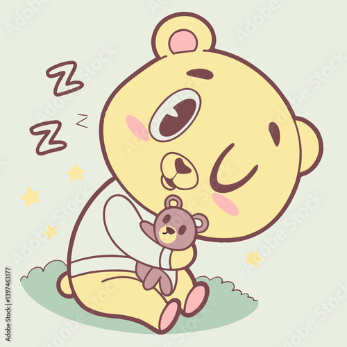 Sleepy emoji hugging a tiny plush bear with one eye barely open