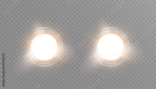 Pair of warm glowing spotlight circles with radial light and soft haze on transparent background. Ideal for headlight effects, studio lighting, UI overlays, or ambient design accents.