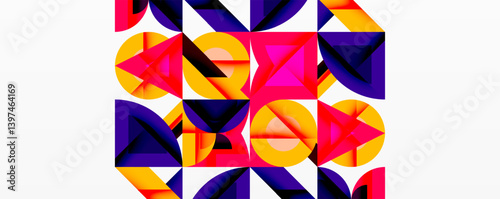 Abstract geometric pattern. Vivid colors combine forming triangles, circles, squares. Modern design evokes playful energy, dynamic composition. Bright, bold visuals.