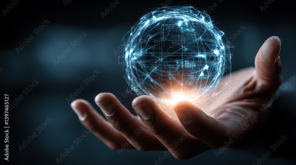 hand holding blue energy sphere hand holding blue energy sphere