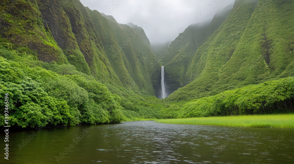 Vibrant Green Valley with Lush Vegetation and Cascading Waterfall in a Mountainous Landscape Under an Overcast Sky a Scenic Nature Outdoor