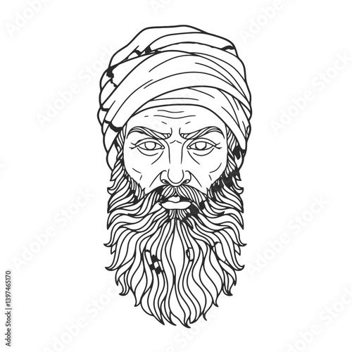 Portrait of a wise old man with a long beard wearing a turban