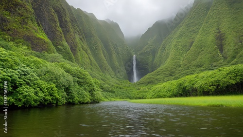 Obraz na płótnie Vibrant Green Valley with Lush Vegetation and Cascading Waterfall in a Mountainous Landscape Under an Overcast Sky a Scenic Nature Outdoor w salonie