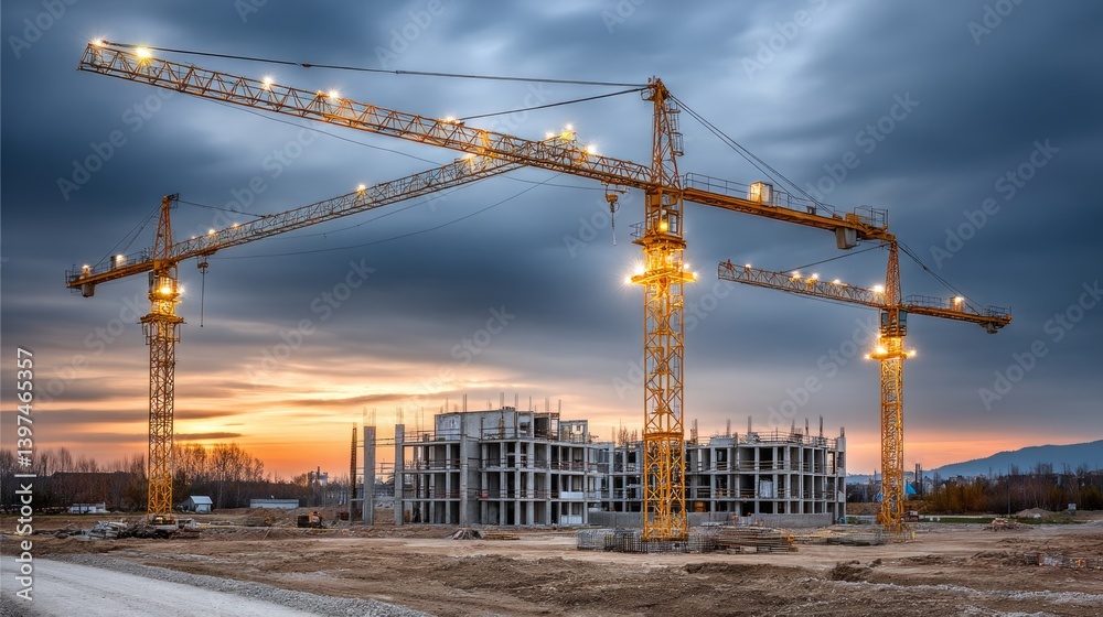 Detailed construction site at dusk, blueprints illuminated by work lights, cranes lifting beams, nocturnal work mood Detailed construction site at dusk, blueprints illuminated by work lights, cranes lifting beams, nocturnal work mood