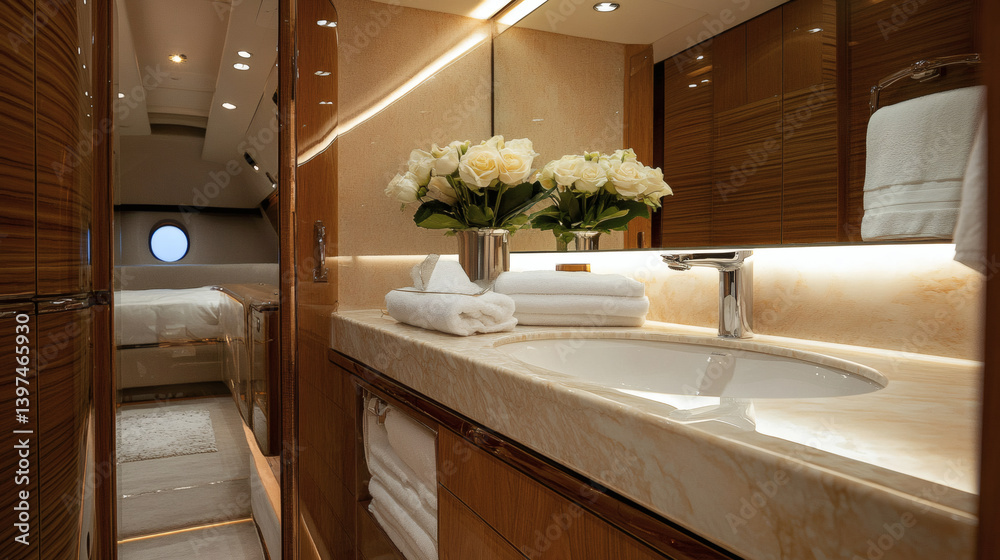 Luxury yacht bathroom, marble sink, flowers, bedroom view, travel brochure