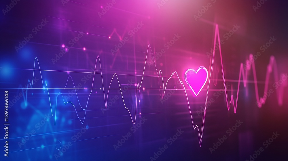 Heartbeat pulse line wave with a pink heart shape on a violet abstract background Heartbeat pulse line wave with a pink heart shape on a violet abstract background