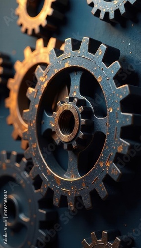 Two contemporary cogwheels, one smaller, interlocked , components, metal, linkage