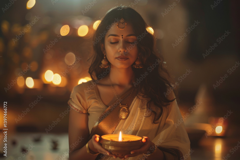Indian woman in traditional saree attire with closed eyes holding lit Diya lamp for Diwali