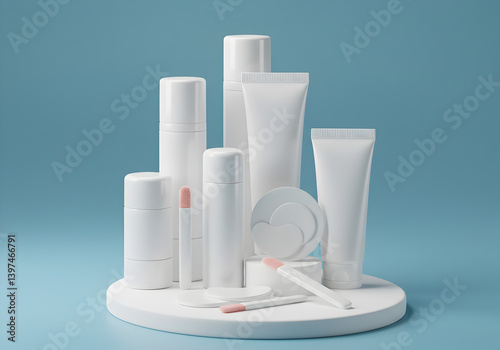 Wallpaper Mural White skincare products on circular display with blue background Torontodigital.ca