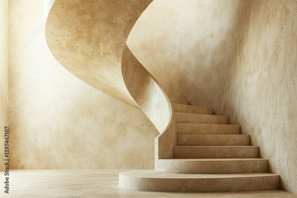 Minimalist interior with concrete spiral staircase. Architectural design with curved stairs and concrete walls