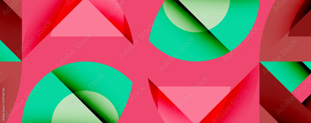 Abstract geometric composition. Overlapping triangles, semicircles create dynamic visual effect. Red, green hues dominate design. Modern, vibrant aesthetic. Abstract geometric composition. Overlapping triangles, semicircles create dynamic visual effect. Red, green hues dominate design. Modern, vibrant aesthetic.