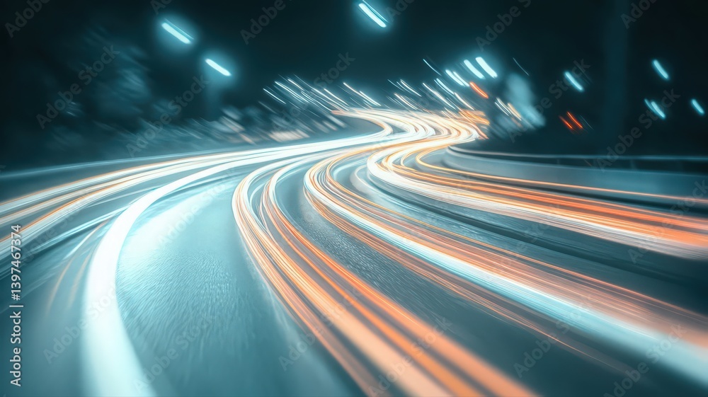 Vibrant Night Scene of Fast Moving Car Lights on Asphalt Road with Abstract Blur and Long Exposure