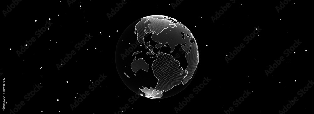 Virtual planet Earth with particles and lines. Network connection big data. Vector abstract technology black background.