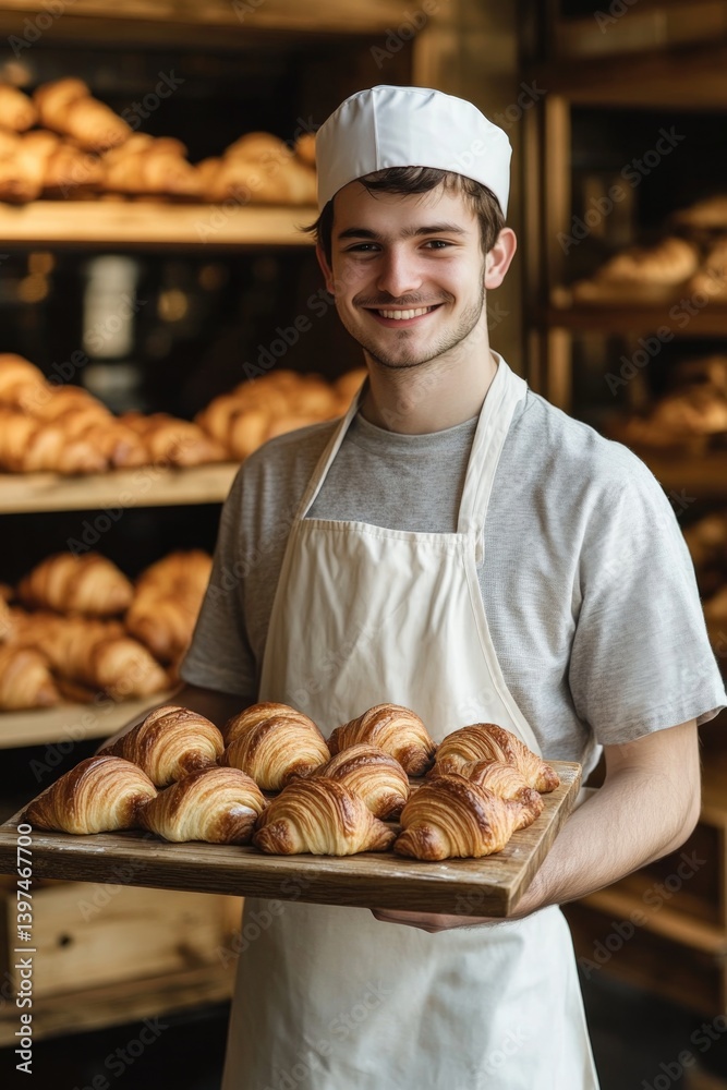 Smiling baker holds fresh croissants, showcasing craftsmanship a Smiling baker holds fresh croissants, showcasing craftsmanship a
