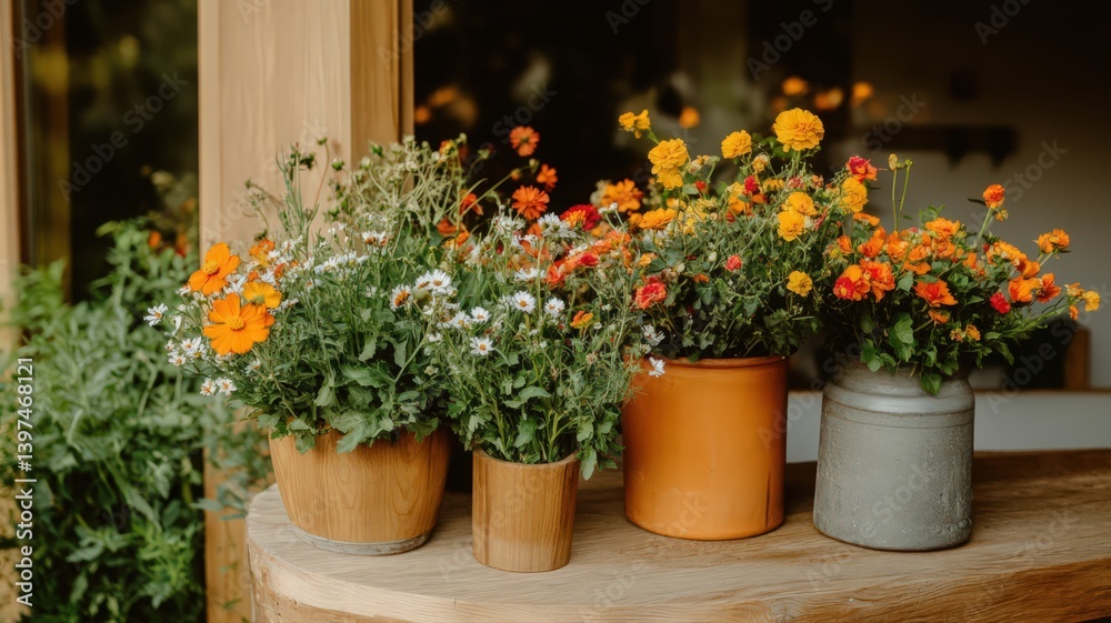 Vibrant Orange and White Flowers in Rustic Pots on Wooden Surface