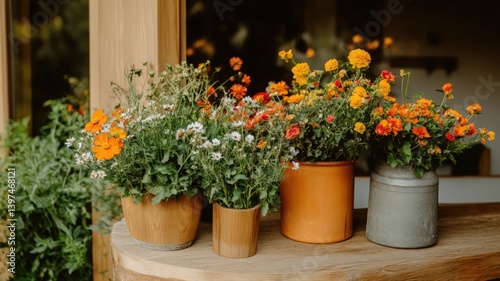 Obraz na płótnie Vibrant Orange and White Flowers in Rustic Pots on Wooden Surface w salonie