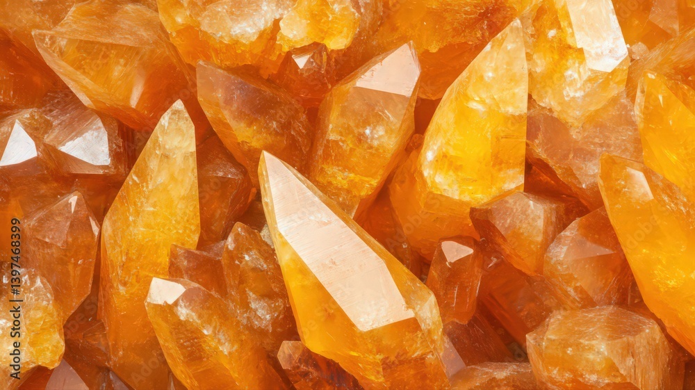 Vibrant Orange Calcite Mineral Stone Crystals with Sharp Crystalline Structures and Detailed Texture in a Close Up Macro Shot