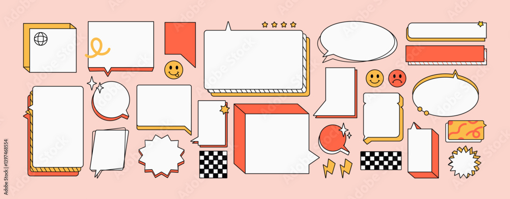 Retro speech bubbles groovy set. Different talk clouds, text boxes, dialogue balloons, message frames with geometric shape. Conversation, chat, online communication. Flat isolated vector illustrations