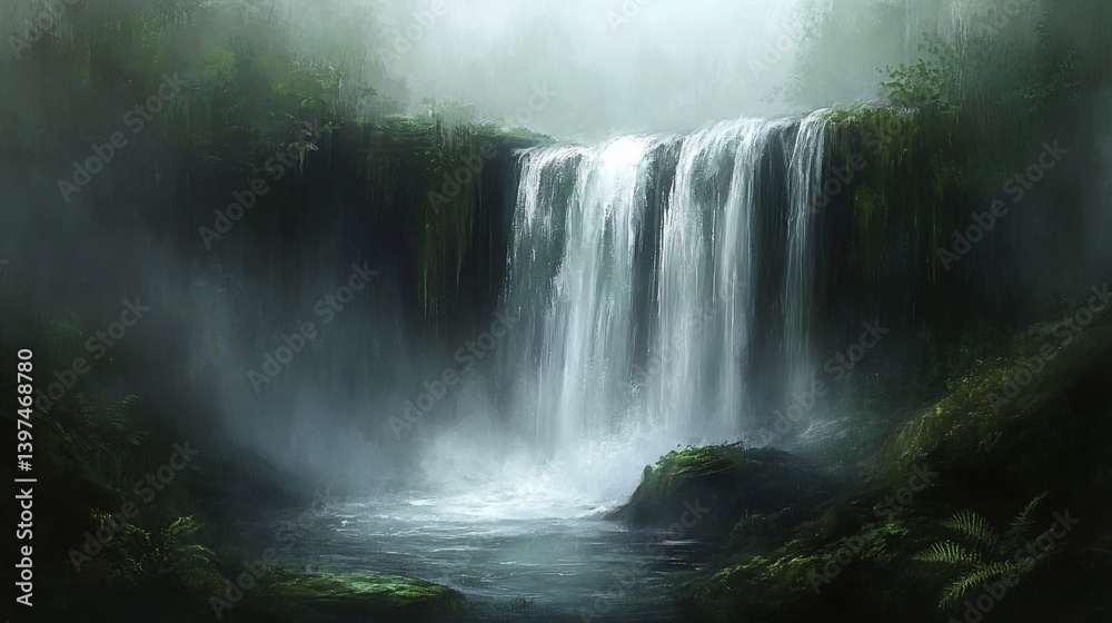 Waterfall cascades into serene pool, surrounded by lush greenery and mist Waterfall cascades into serene pool, surrounded by lush greenery and mist