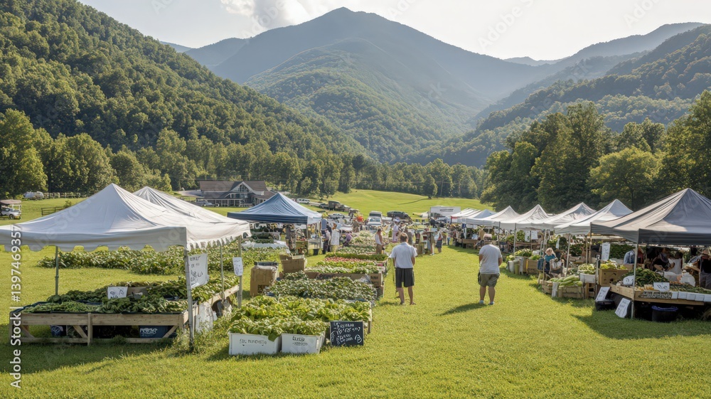 Vibrant Outdoor Farmers Market in a Mountain Valley