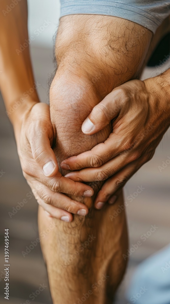 Fototapeta premium Man holding his knee in pain while sitting indoors during a sunny afternoon