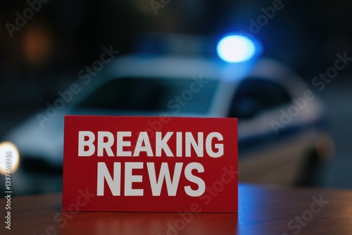 Breaking news sign stands on table with police car flashing lights in background