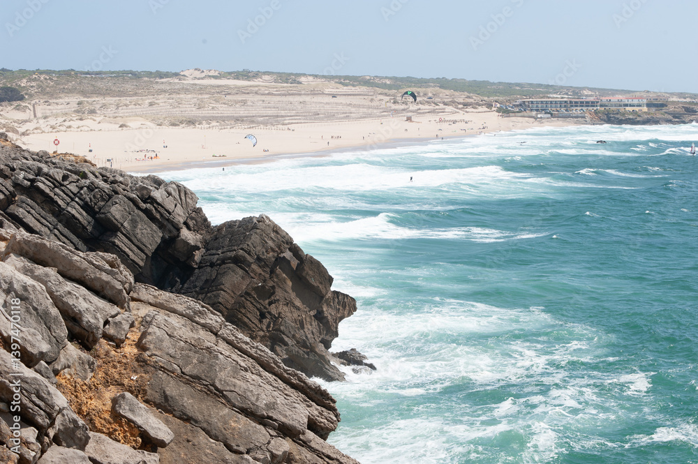 Rocky Cliff View of Beach and Ocean - Praia do Guincho. Cascais Portugal