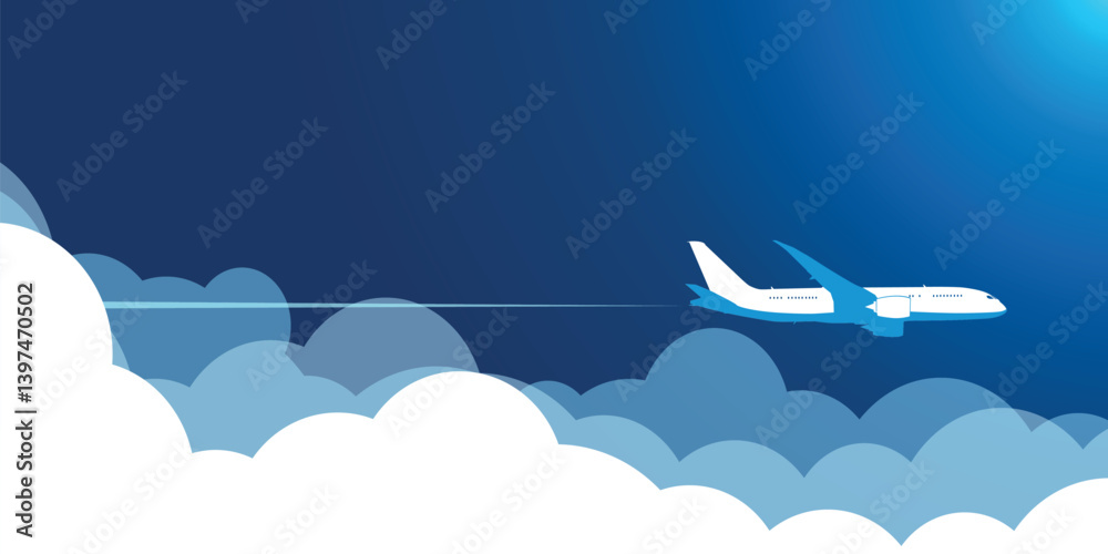 Naklejka premium Plane flies in blue sky above clouds, leaving trail behind it. Illustration, editable vector template for webpage heade