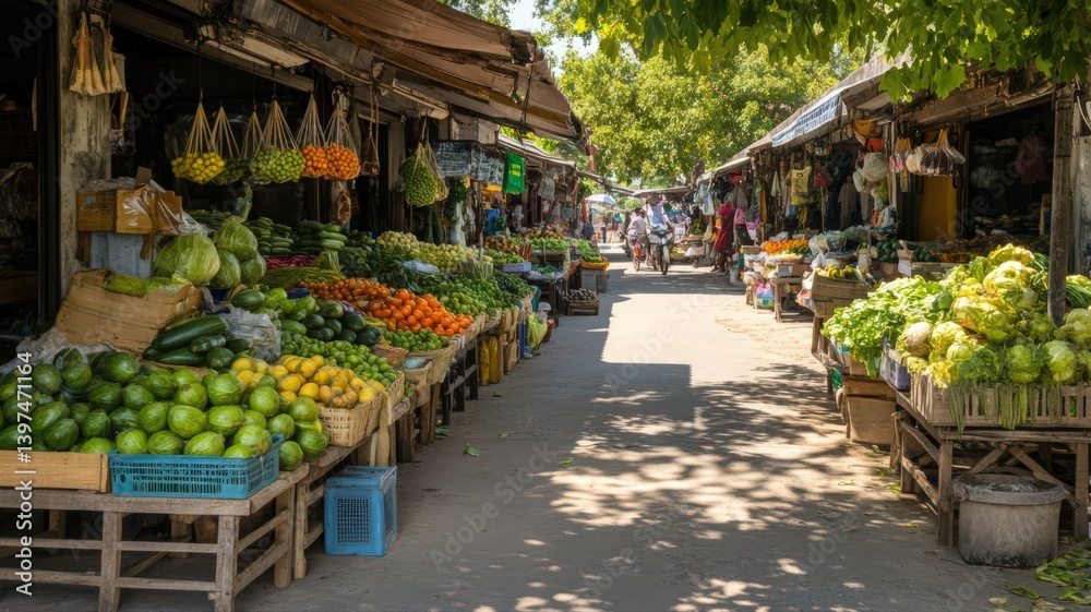 Vibrant Outdoor Market with Colorful Fruits and Vegetables Under Sunny Sky