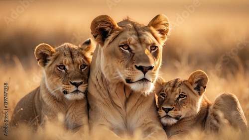 A lioness stands protectively beside her cub in tall