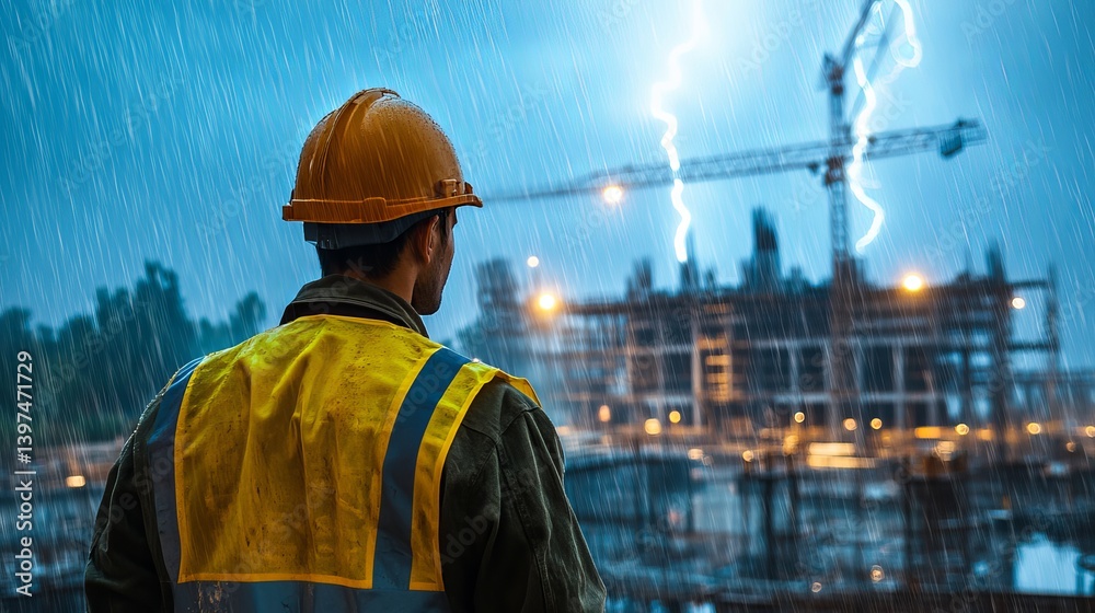 Construction worker safety in thunderstorm at construction site with heavy rain and lightning strikes Construction worker safety in thunderstorm at construction site with heavy rain and lightning strikes