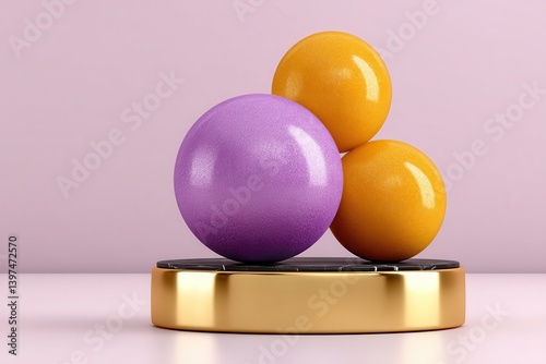 Spheres in bright purple and orange balanced on round gold platform with pastel background in surrealistic composition for modern artistic object wallpaper and playful decor