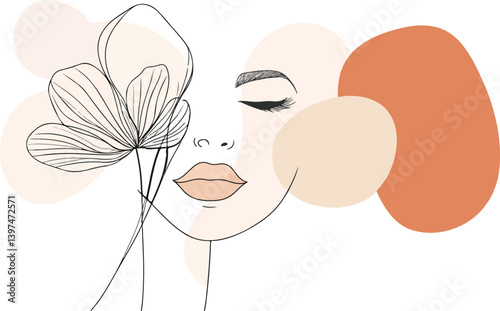  A beautiful woman's face with  floral accents in her hair, a stylish and glamorous 