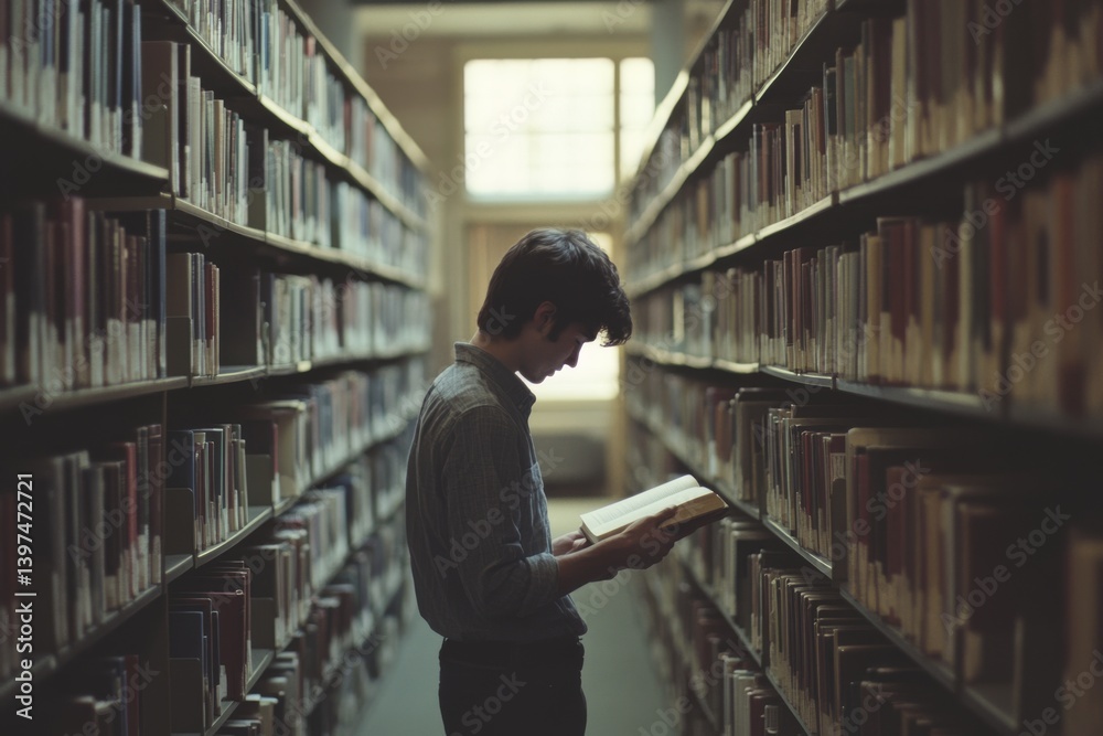 Alone in the aisle, a person reads intently amidst rows of books, embodying solitude and the quest for knowledge. Alone in the aisle, a person reads intently amidst rows of books, embodying solitude and the quest for knowledge.