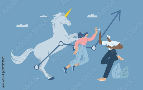Successful unicorn team, Team jump and high five, Concepts of winning and achieving goals, Symbols of the start of the winner of the unicorn business. Vector design illustration.