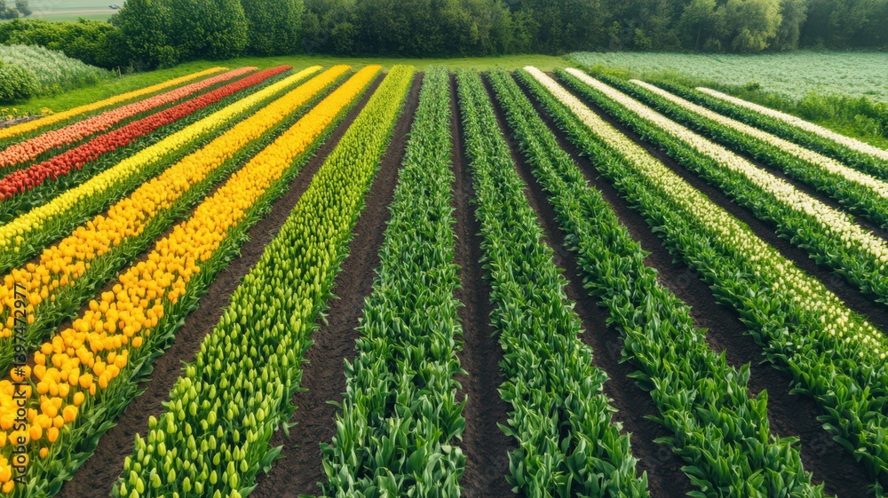 Vibrant Rows of Colorful Tulips in a Cultivated Field
