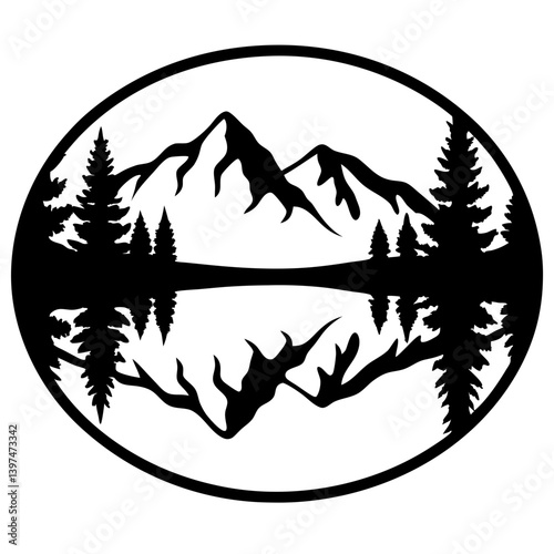 Serene Mountain Lake Reflection Nature Scene in a Circular Frame