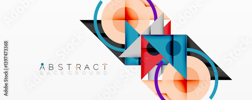 Modern geometric design features overlapping shapes, vibrant colors, dynamic composition. Circles, squares, triangles create abstract visual experience. Clean lines, gradients enhance aesthetic appeal